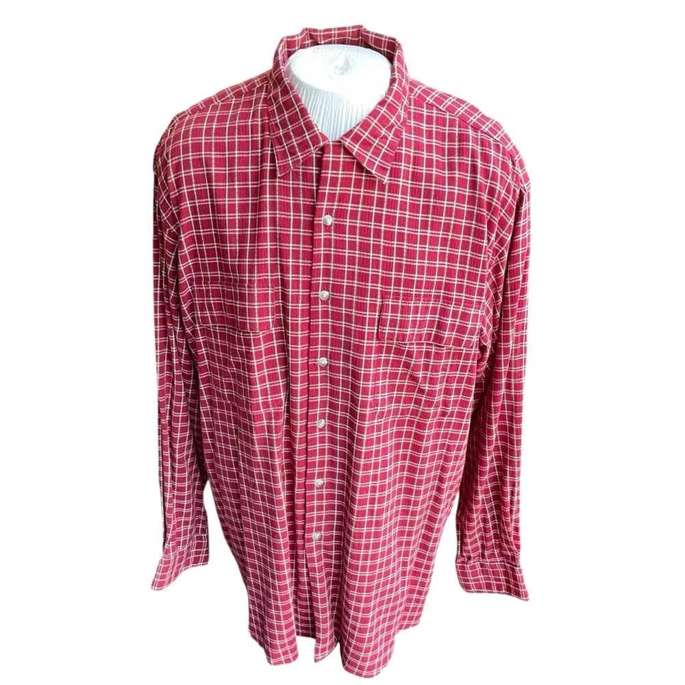 Paul Fredrick Red Plaid Button Down Shirt XL – Made in USA, Rayon Cotton Blend